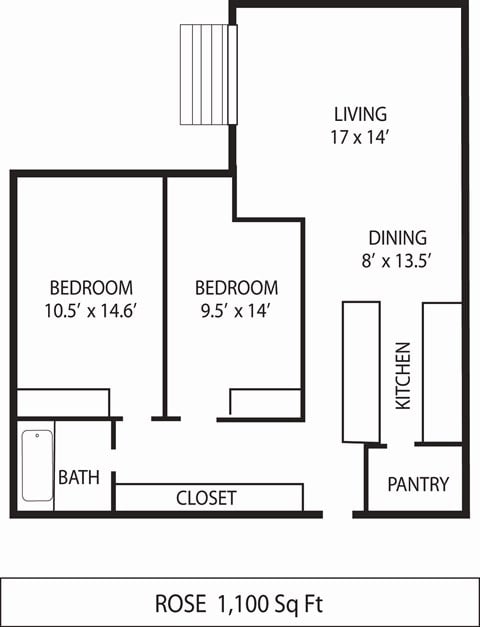 Floor plan for 2 beds, 1 bath, 1100 sqft